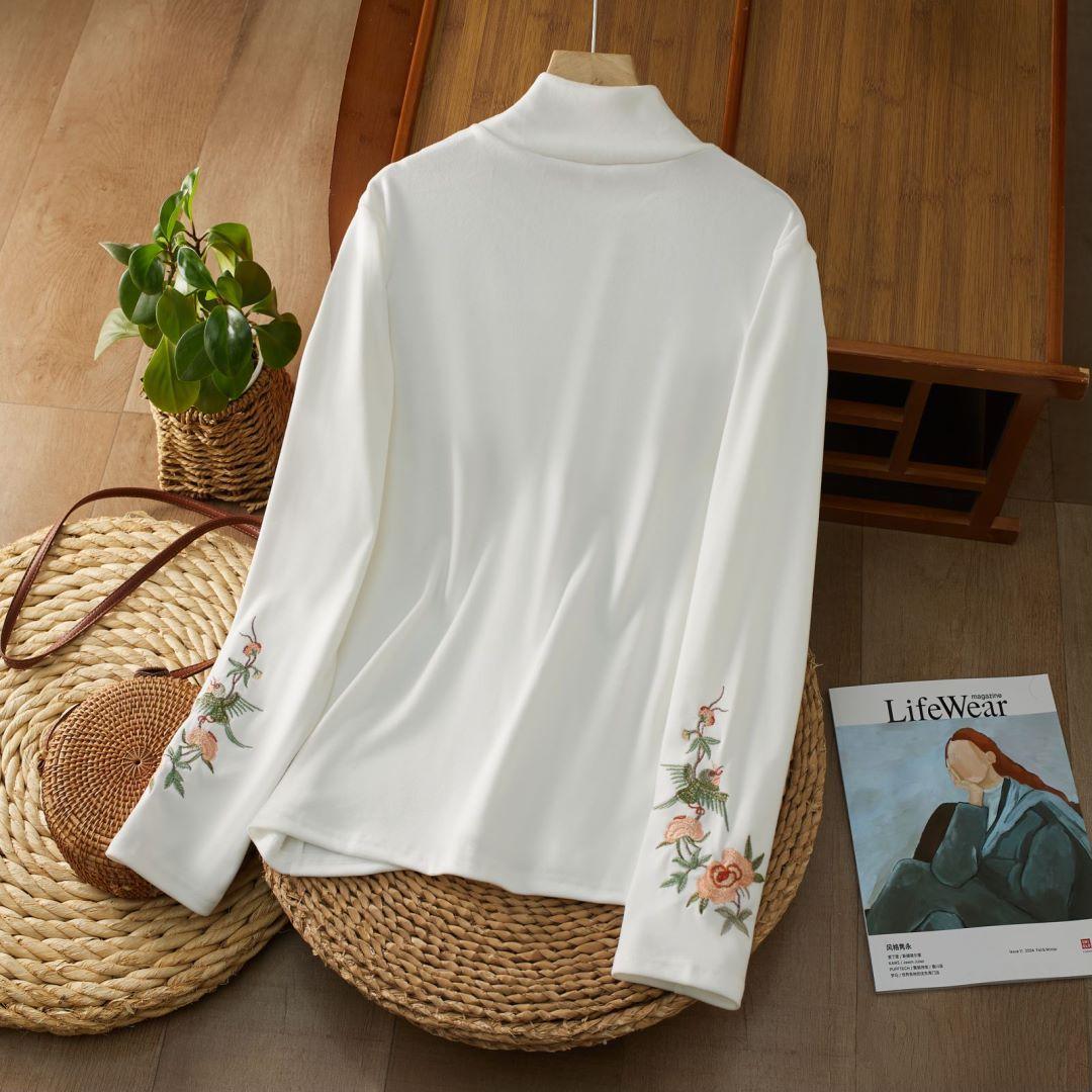 

Autumn Winter Women s Velvet Undershirt Embroidered Loose Long Sleeve High Elasticity T-shirt M белый