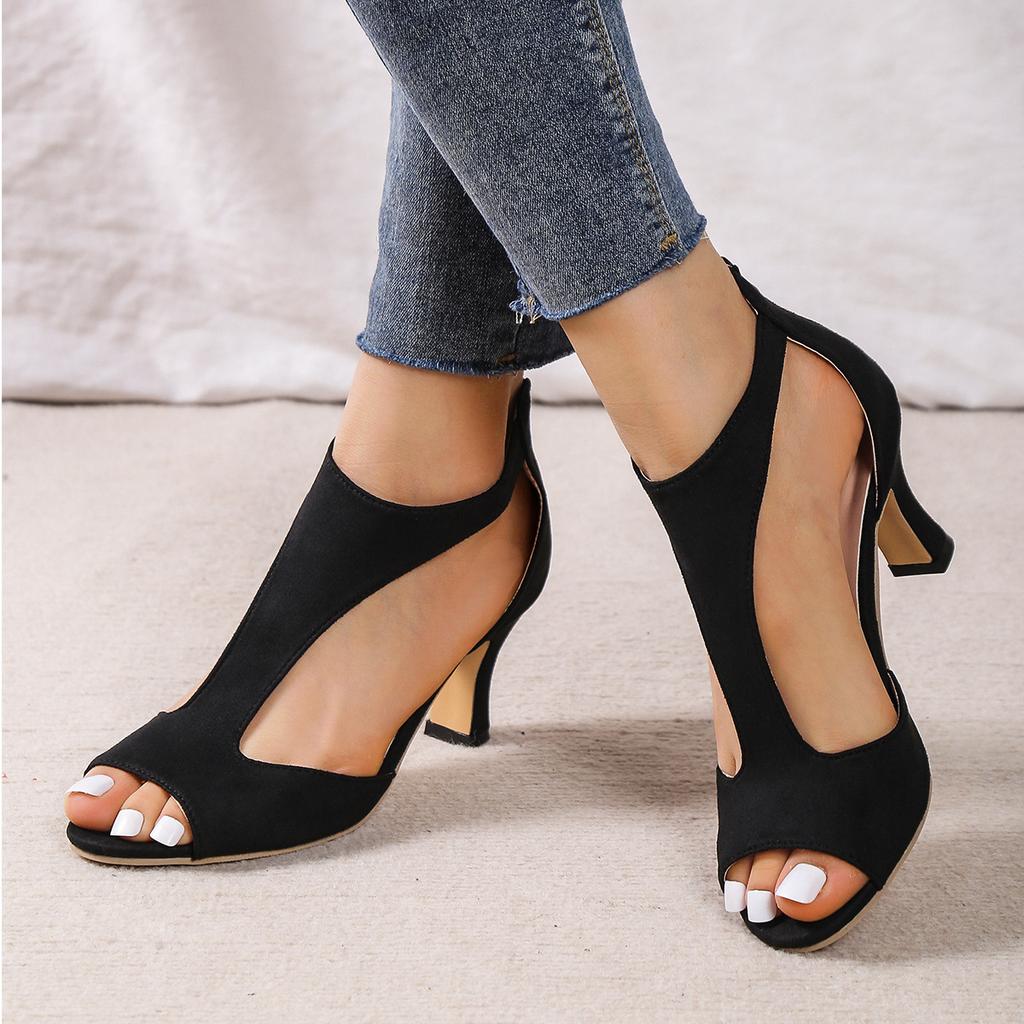Fashion Simple and Stylish Back Zipper Bag with Fish Mouth Shoes for Women In Summer Plus Size Slim Heeled Sandals