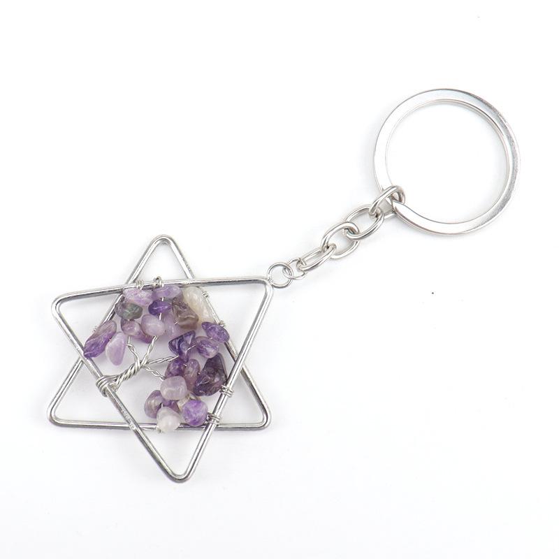 

Natural Gravel Crystal Hexagram Tree Of Life Keychain Keychain Bag Pendant K10 аметист