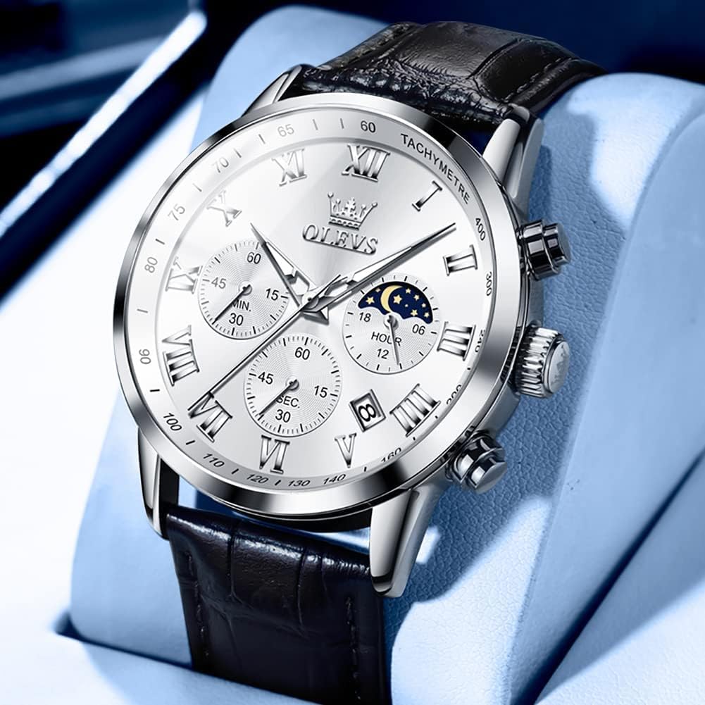 OLEVS Watch Leather Wristwatch Waterproof Watch Analog Stylish Simple Quartz Lightweight Brown Gentleman Date Day of the Week White Men's Men's