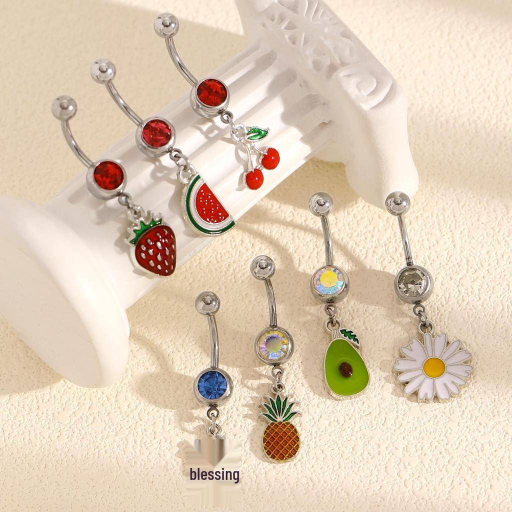 Stylish Fruit & Flower Enamel Belly Button Ring with Rhinestones - Cute Stainless Steel Piercing Accessory for Girls