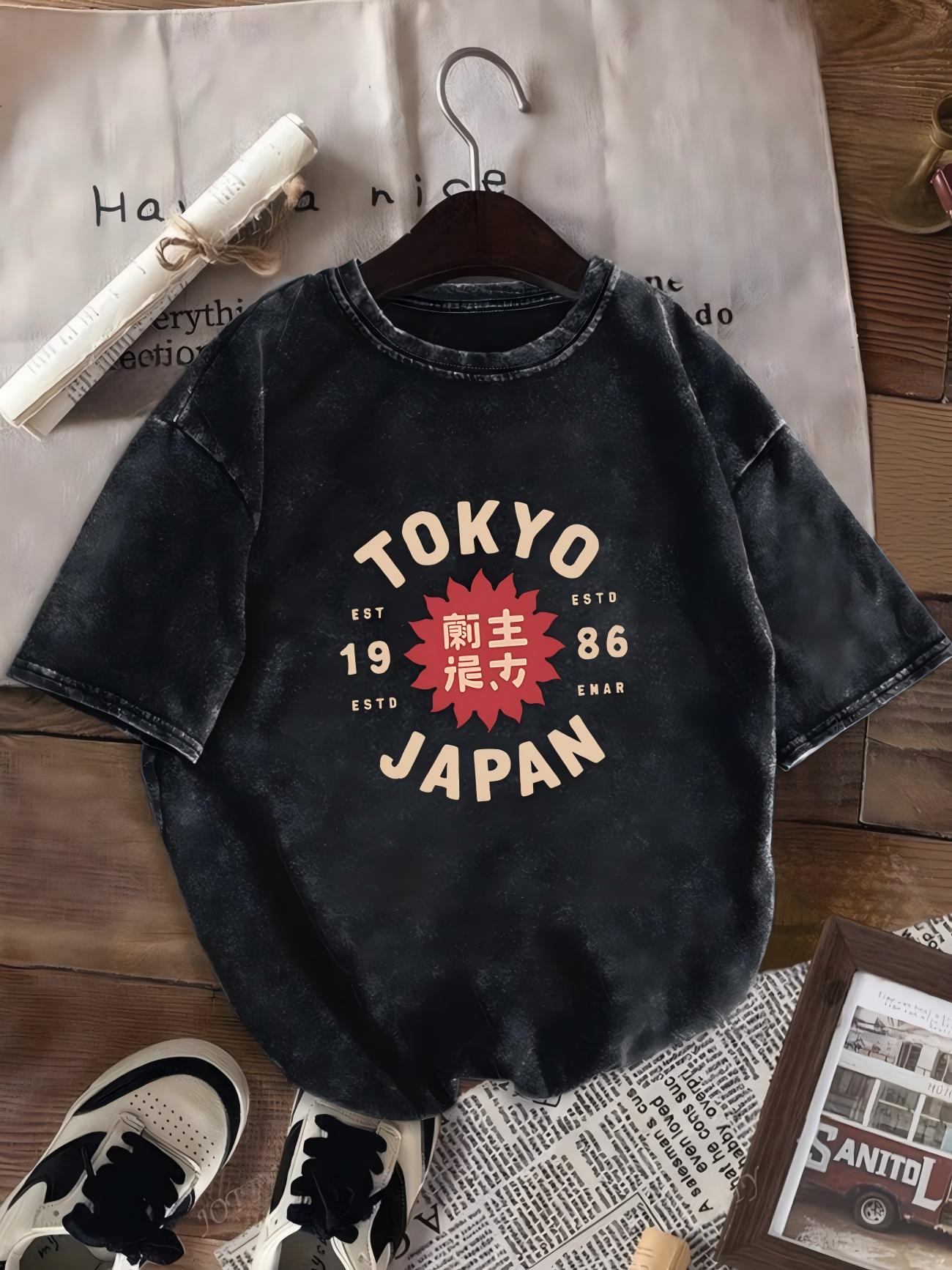Japanese Streetwear Tokyo TShirt Washed Cotton Harajuku Style Graphic Tee Urban Hip Hop Top Retro Japan Fashionable Clothing S