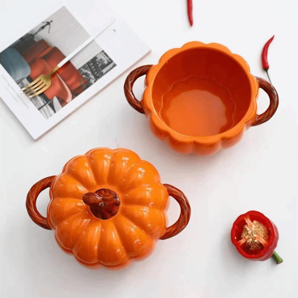 with Lid Halloween Pumpkin Bowl Double Ear Handle Pumpkin Casserole Instant Noodle Bowl Kitchen