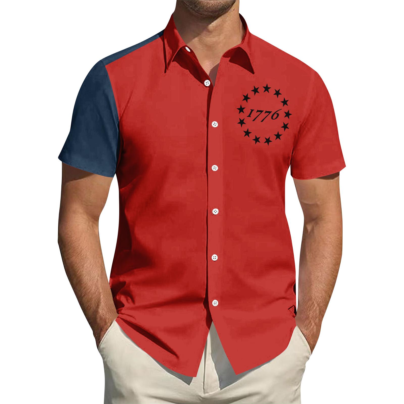 

Men Short Sleeve Button Down Shirt Classic Fit 1776 Print Casual Collared Top with Sleeve Design for Everyday Wear XXXL червоний