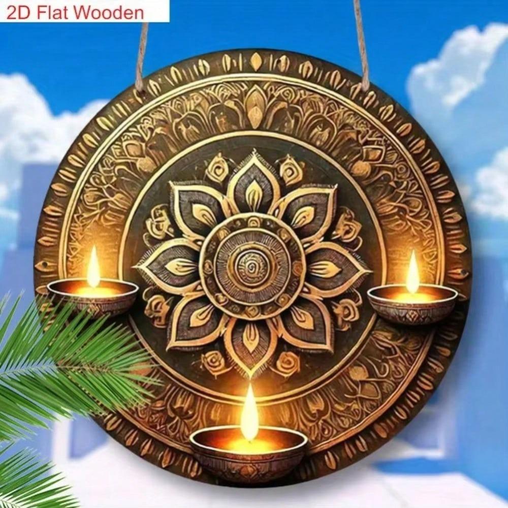 Flat Traditional Oil Lamp Diwali Metal Sign Wall Art for Home Decor