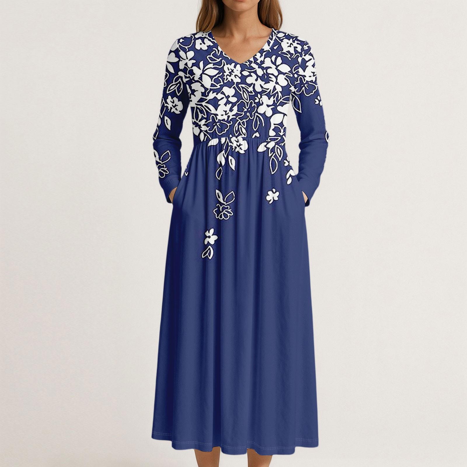 

Dress For Women Long Boho Beach Dress Elegant Maxi Dress V-Neck Long Sleeve Dress With Pockets S