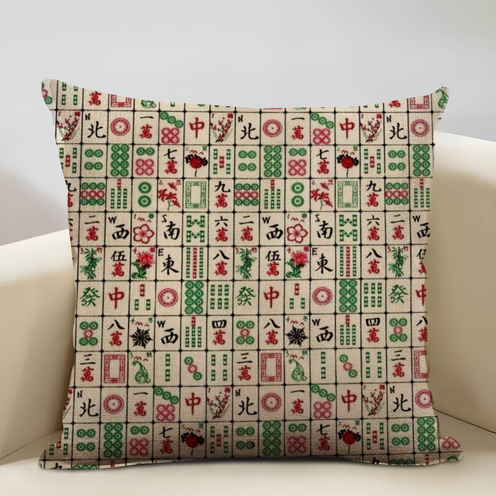 Mahjong Cushion Cover Household Decoration Linen Sofa Cushion Cover: Skin-Friendly & Breathable with Invisible Zipper