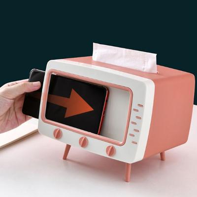 Tissue Box Holder Retro TV Shaped Tissue Case with Cell Phone Holder Multi-Functional Toilet Paper Napkin Dispenser for Room Bedroom Bathroom Dining