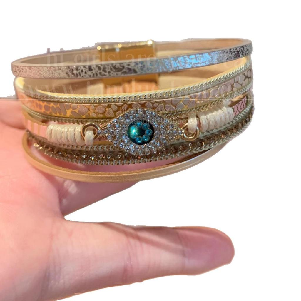 Retro Leather & Diamond Devil's Eye Magnetic Bracelet - Bohemian High-End Jewelry