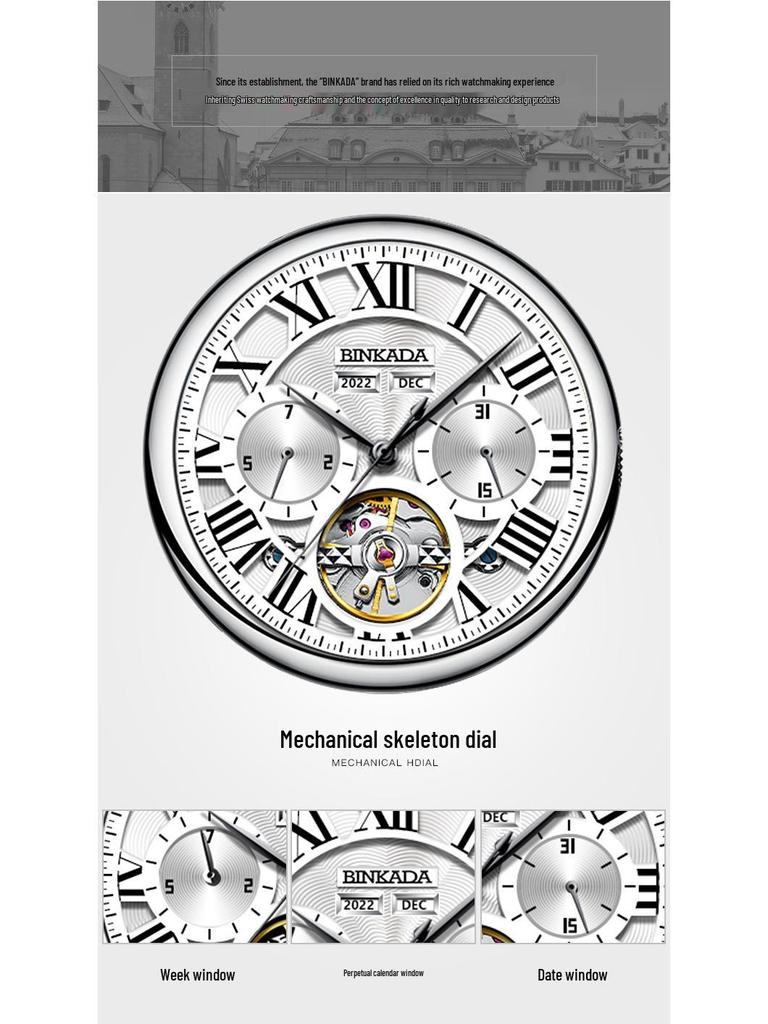 BINKADA Herrenmode Skelett Mechanisch Leuchtend Wasserdicht Uhr