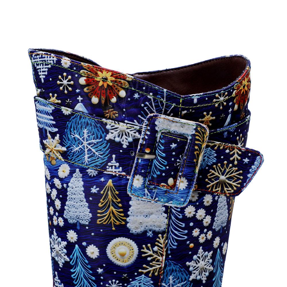 Genuine Leather Long Boots Women Shoes Handmade Retro Printed Color Matching Lace Up Mid-calf Boots