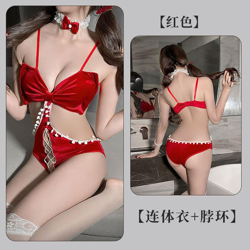 Sexy Lingerie Seduction Red Christmas Halloween Uniform Crotch Free Women's Pajama Set