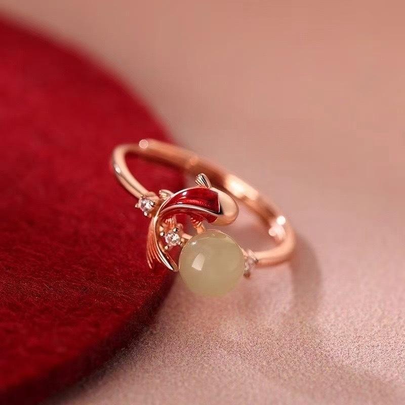 Jade See Koi Ring Women's Light Luxury Niche Premium Sense New Chinese Vegetarian Ring Index Finger Ring Franc Process Plating