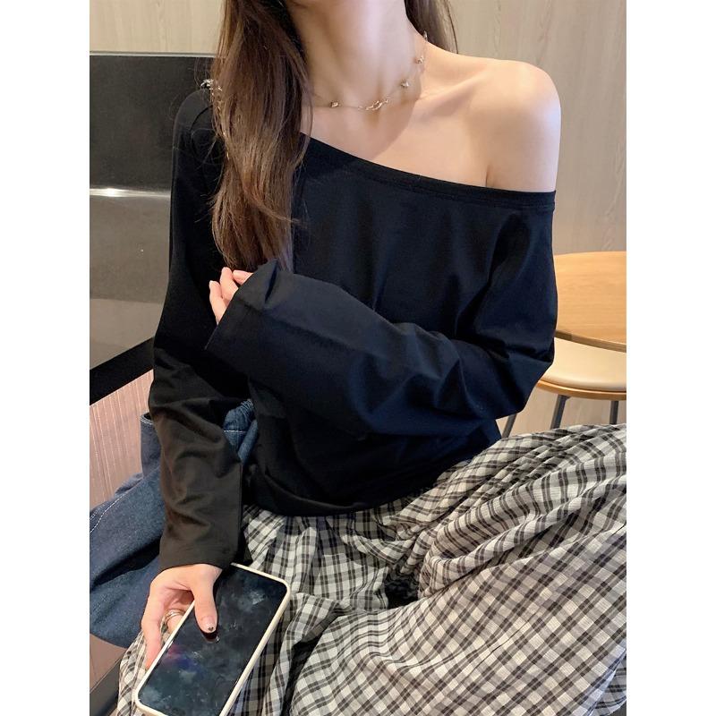 Spring pure desire one-word shoulder top women's loose lazy wind long-sleeved shirt off-the-shoulder versatile bottoming shirt