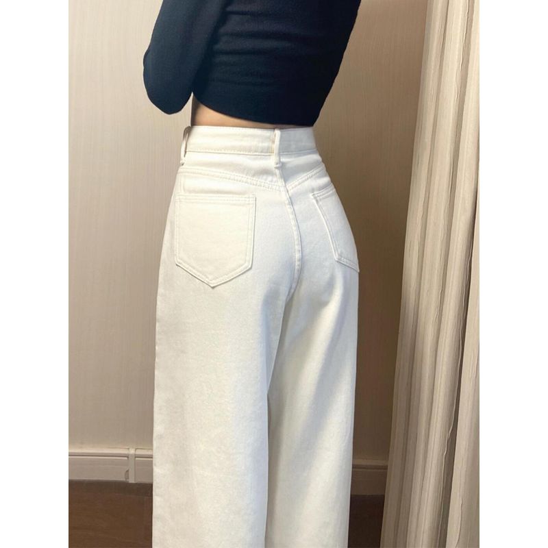 

Pear-Shaped Figure Creamy-white Straight-leg Denim Female Autumn New Arrival Fat Sister mm High Waist Loose and Slimming Loose Pants Beige White XL