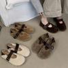 2025 winter new round head velvet flat Mary Jane shoes warm lazy versatile fluffy shoes