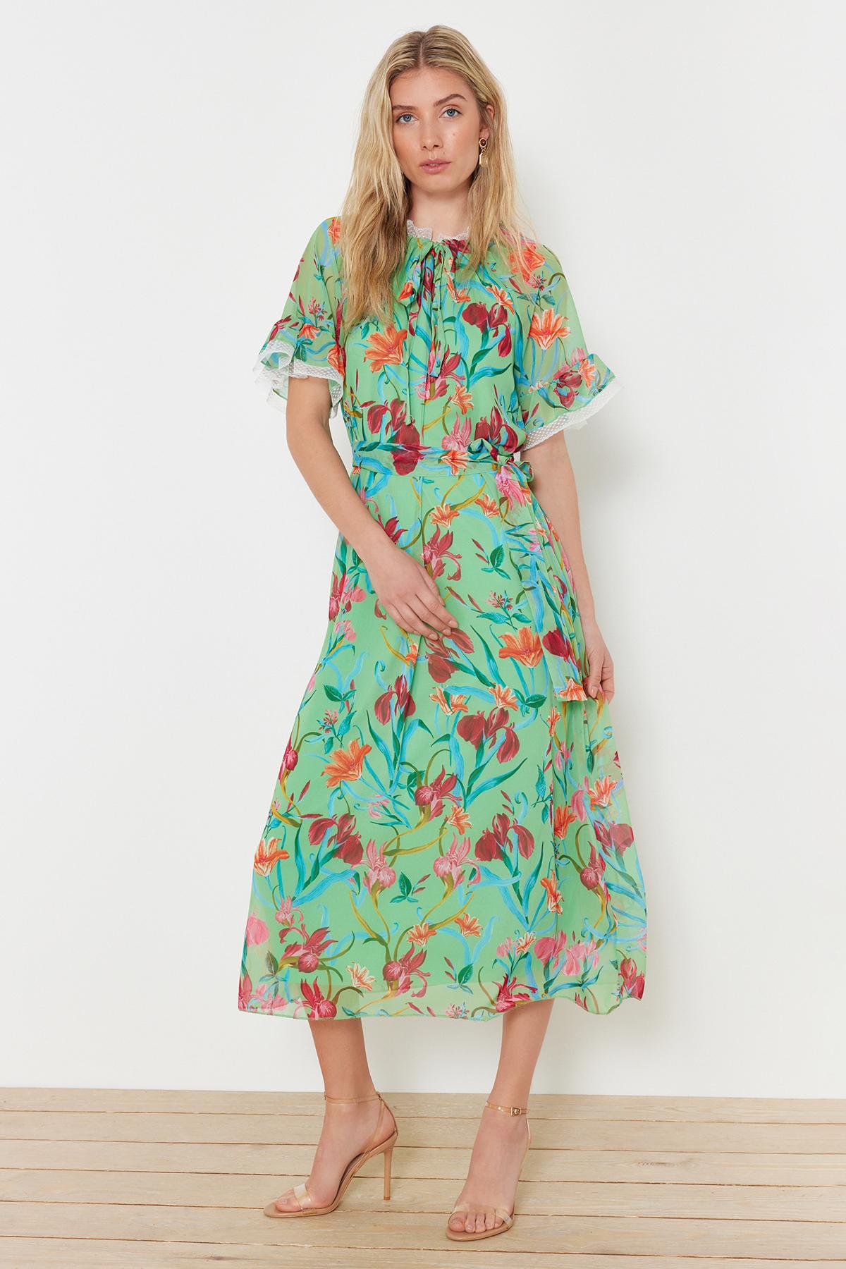 

Women s Fashion New Hijab Dress Green Floral Half Sleeve Ruffle Detailed Lined Chiffon Dress S зелений
