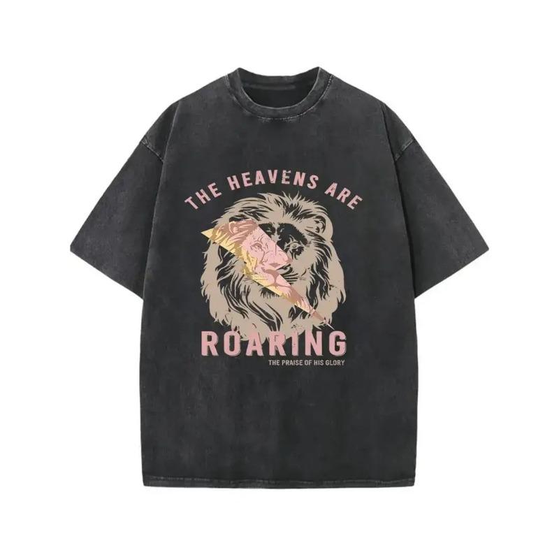 

European sizes Men s T-Shirt, Washed-Out Appearance, Showcasing a Pink And Yellow Lion S Mane Roaring with Lightning Graphics S чёрный