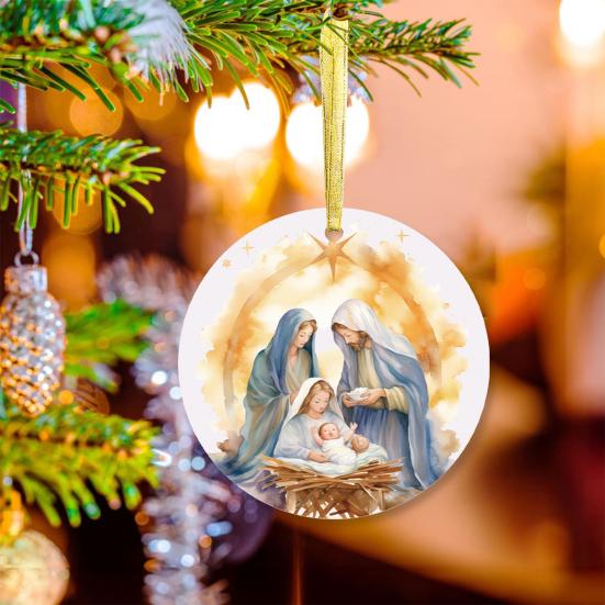 Nativity Night Ornament Round Acrylic Birth of Jesus Christ Hanging Decoration Religious Themed Christmas Keepsake for Winter Xmas Tree Decor