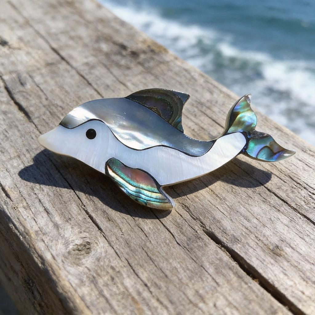 Handcrafted Shell Dolphin Brooch Pin With Embedding Technique For Animal Jewelry Enthusiasts