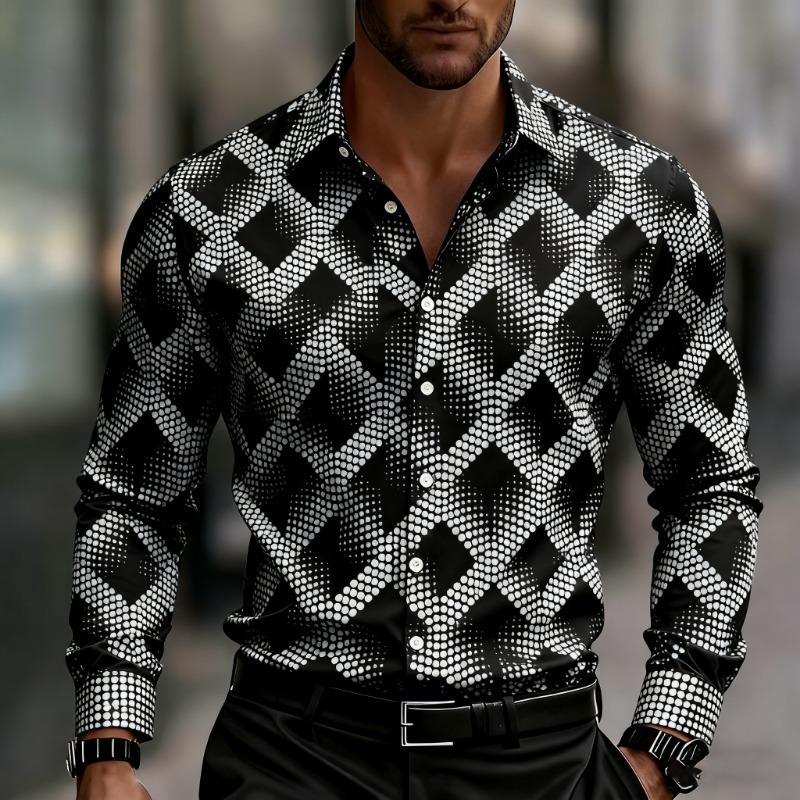 Men's Long-sleeved Geometric Print Shirt, Stylish Button-down Shirt, with Square and Striped Patterns for Everyday Wear.