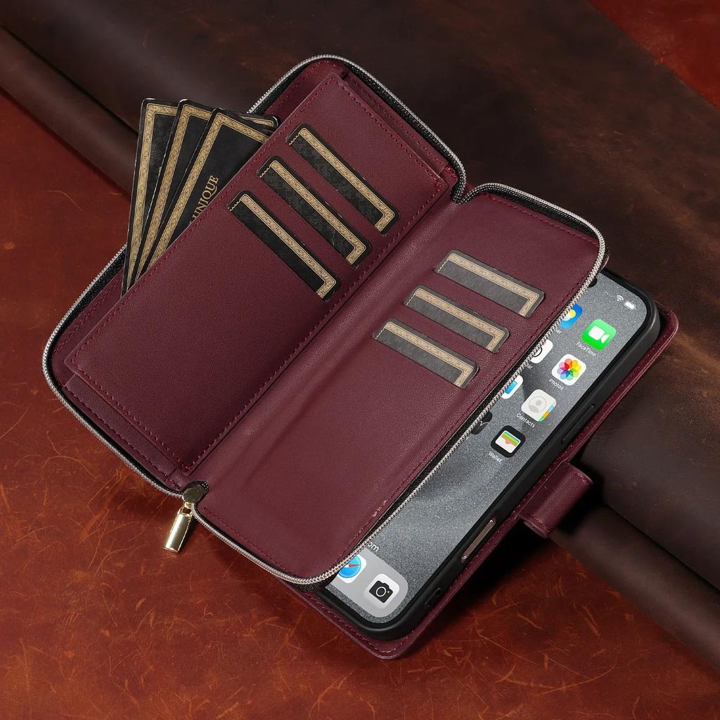 Luxury Zipper Wallet Leather Case For iPhone 16 Pro Max 15 Plus 14 13 12 Flip Magnetic 9 Card Ultra Thin Phone Cover Lanyard