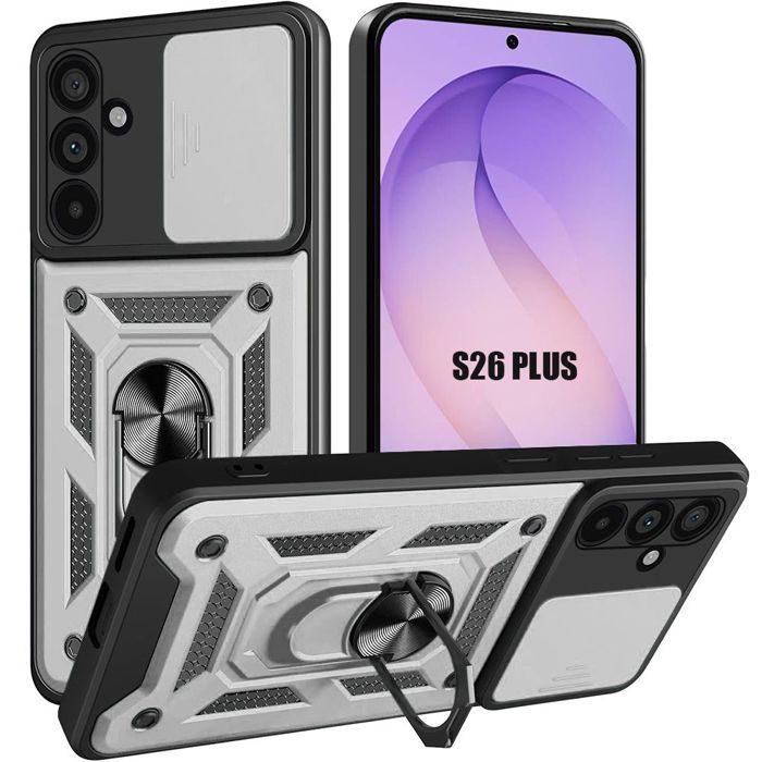 Coque pour Samsung Galaxy S26 Plus, Antichoc avec Anneau et Protection Caméra Coulissante - Argenté