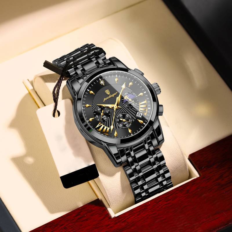 Swiss Mens Watch With Luminous Dial Moon Phase Chronograph For Sports And Casual Wear