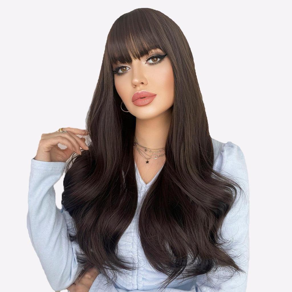 Voluminous Long Curly Wig with Feathered Bangs - Natural Looking Body Wave, Heat-Resistant Daily/Party/Wedding Hairpiece (Breathable Lightweight)