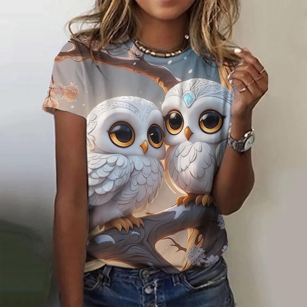 Summer Round Neck 3D Print Owl Pattern Top Fashionable Casual Short Sleeved Women's T-shirts