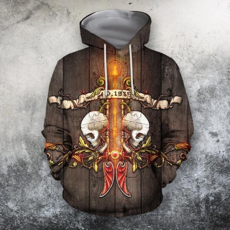 Autumn Vintage Hoodie Men Skull Flaming Graphic 3D Print Hip Hop Style Casual Men's Long Sleeve Oversize Comfortable Clothing