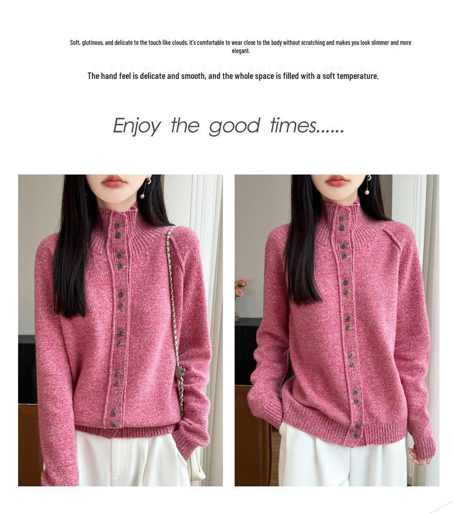 Women's Heathered Wool Stand-Up Collar Cardigan Sweater - Long Sleeve, Double-Strand, Thickened Knit for Autumn & Winter