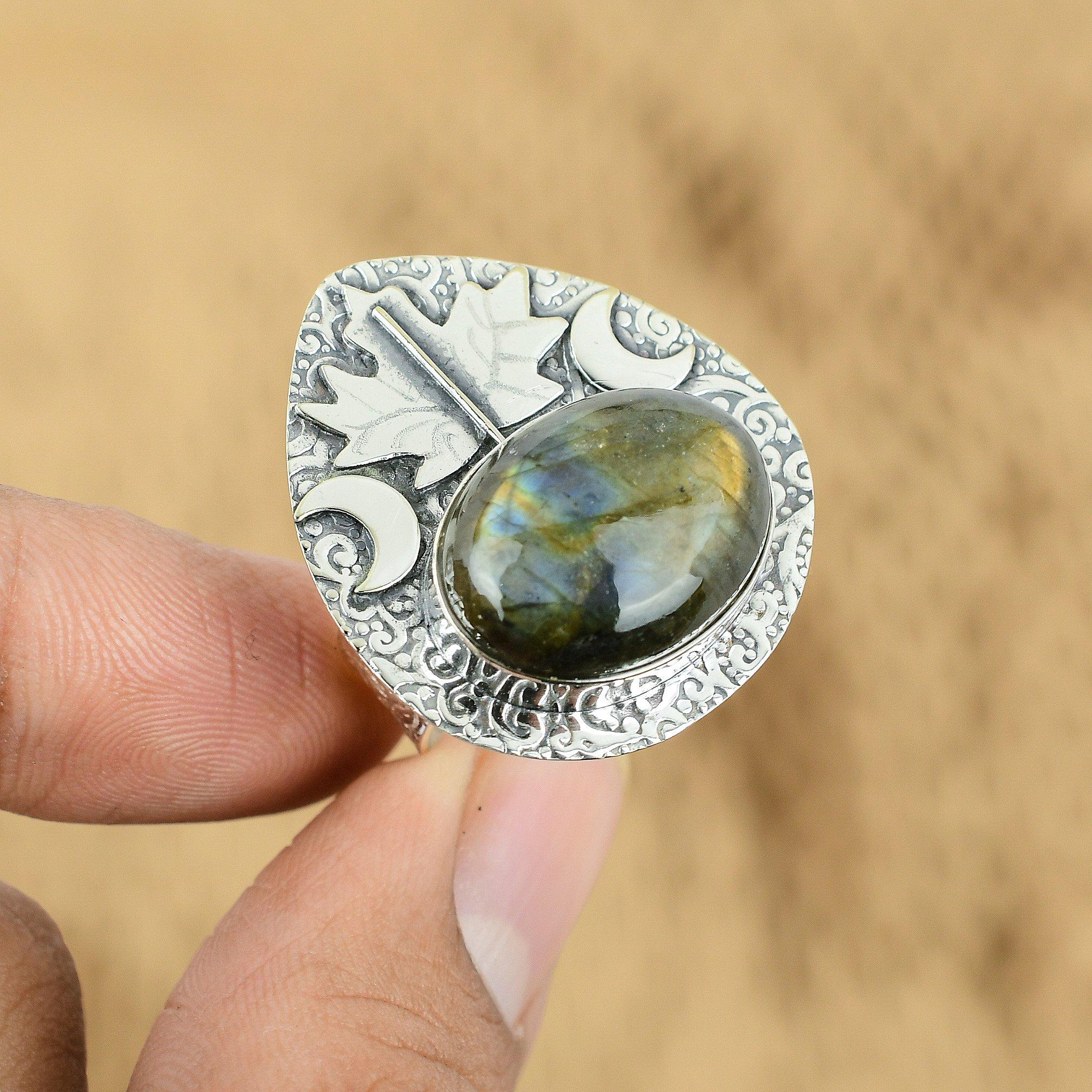 

Mothers day Sale Labradorite Stone Sterling Silver New Cresent Moon Ring Jewelry Yes