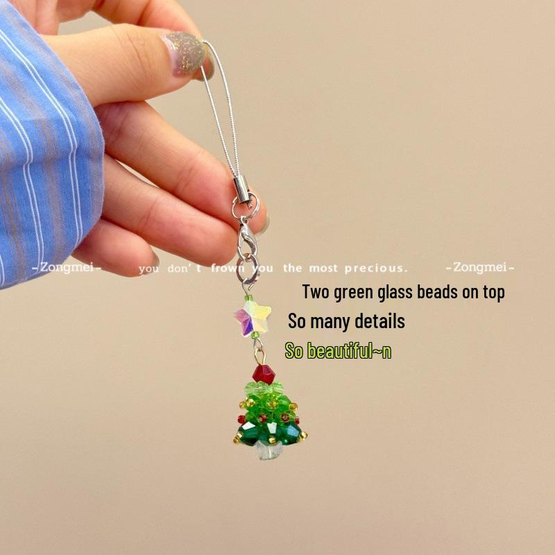 Beaded Christmas Tree Phone Charm - Handmade Pendant Gift