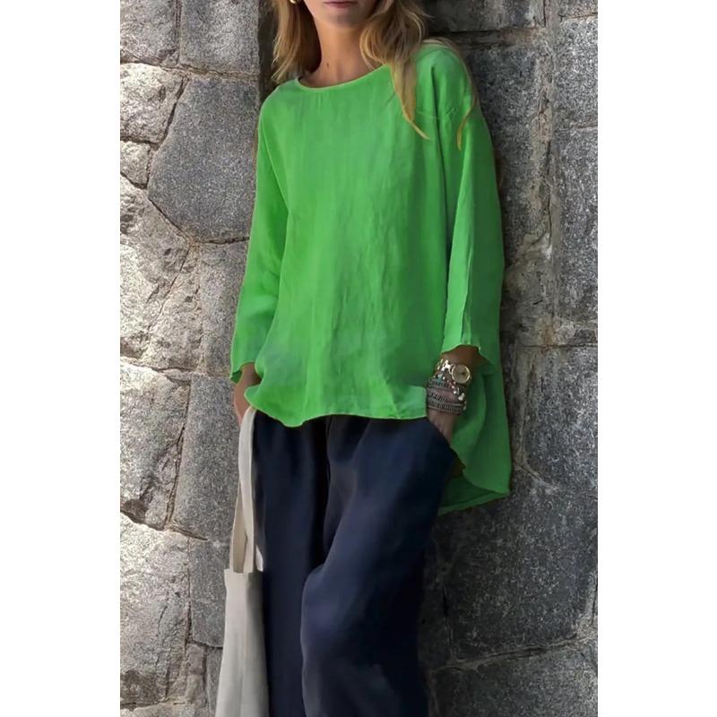 

JKASHDK женские модные повседневные весенне-осенние однотонные блузки и рубашки с круглым вырезом и длинными рукавами с принтом XXXXL зелёный