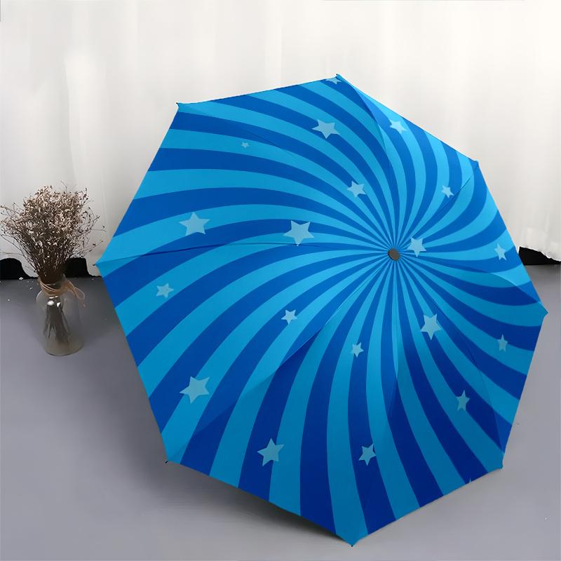 Spiral Stars Automatic Folding Umbrella 8 Ribs, Durable Iron Frame, Bright Color Pattern Compact Travel Umbrella, Suitable for Outdoor, Bea