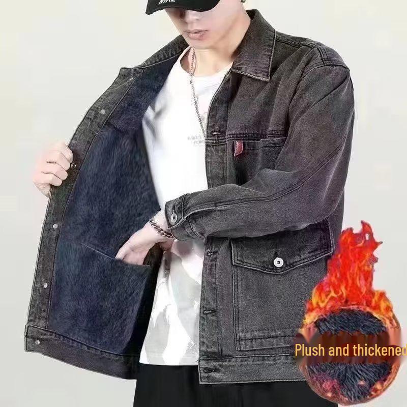 

Мужская плюшевая утолщенная джинсовая куртка - осень 2023 г., модный корейский стиль, облегающий крой 4XL серый