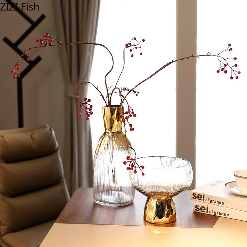 Gilded Transparent Glass Vase Wrinkled Texture Flower Pot Table Decoration Flowers Arrangement Floral Vases Room Aesthetic Decor