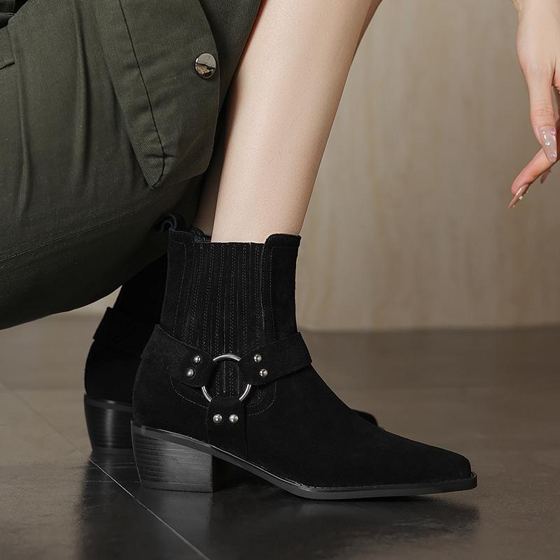 Fashion 2025 New Leather Shoes Women Genuine Square Toe High Heel Ankle Boots Thick Square Heel Slip on Western Boots Cowboy Boots Women