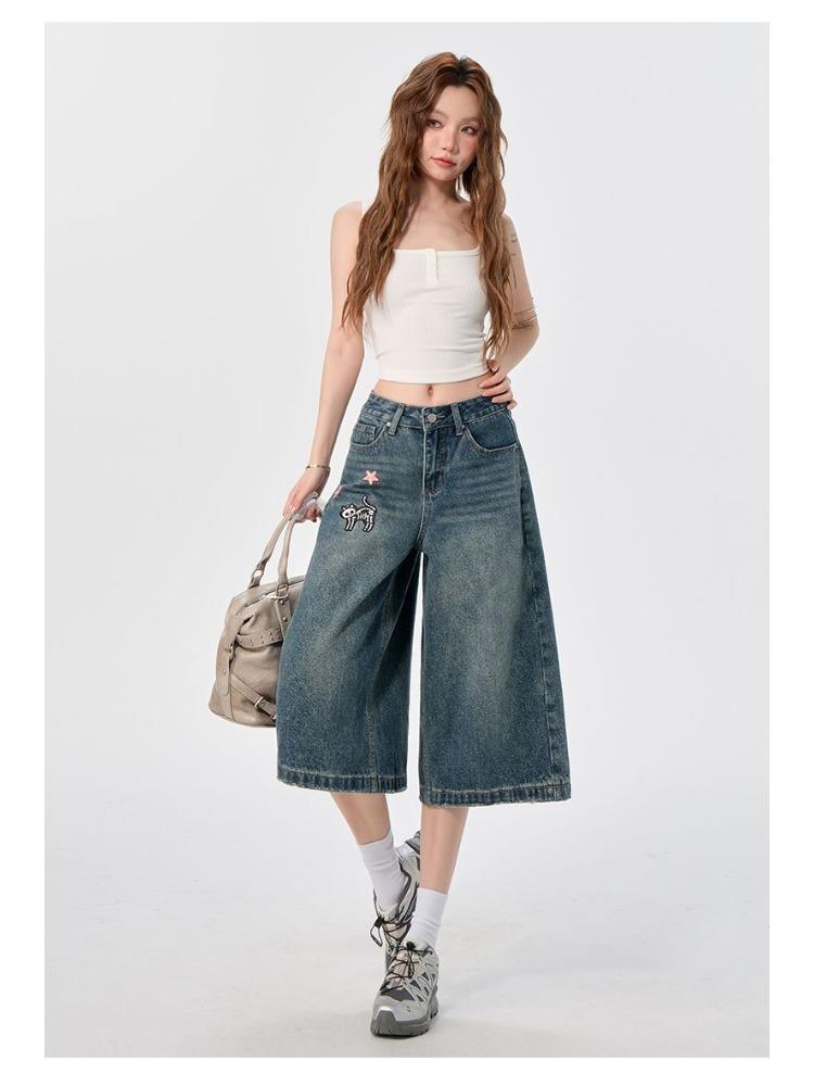 Fashion Cute Cat Star Patch Embroidered Loose Wide Leg Cropped Capri Denim Pants For Women  Versatile Slimming FigureFlattering Casual Capri Trousers