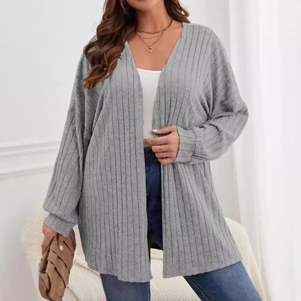Brushed Solid Color Knit Plus Size Women's Coat - Autumn & Winter, Long-Sleeved, Loose Mid-Length