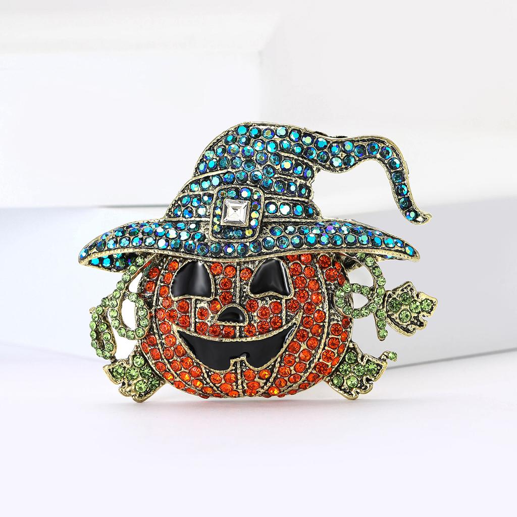 Creative Alloy Rhinestones Big Pumpkin Wizard Brooch Halloween Men'S And Women'S Suit Sweater Corsage Ornament Pin