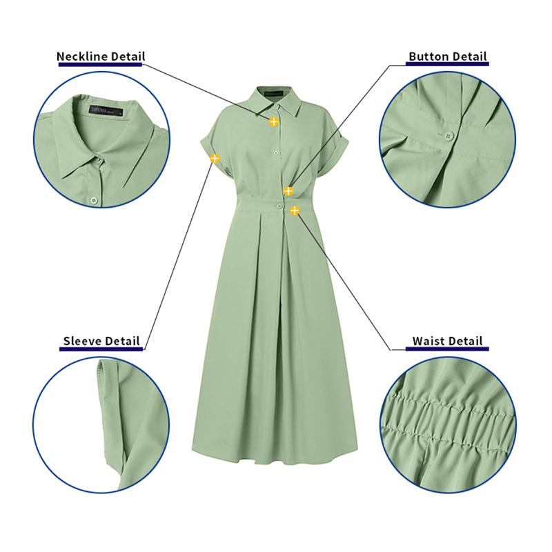 Women Turn Down Collar Short Sleeve Casual Long Shirt Dress EMA