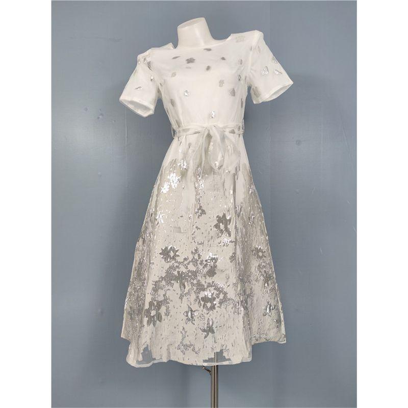 Entry Lux Classy Exquisite Classic Style Jacquard Bright Silk Thread Adult Lady Like Woman Wide Hem Gauzy Short Sleeve Waist-Controlled Dress Women