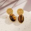 Ying Tai European Retro Stainless Steel & Titanium Tiger Eye Stud Earrings, Colorfast 18K Gold, High Polish Finish