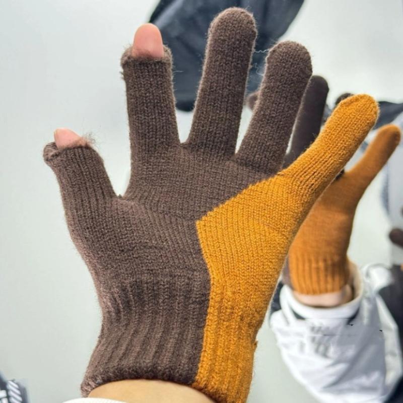 Touchscreen Gloves Korean Style Color Block Fingerless Cute Knitted Fleece Lined Thick Warm Winter Windproof Gloves