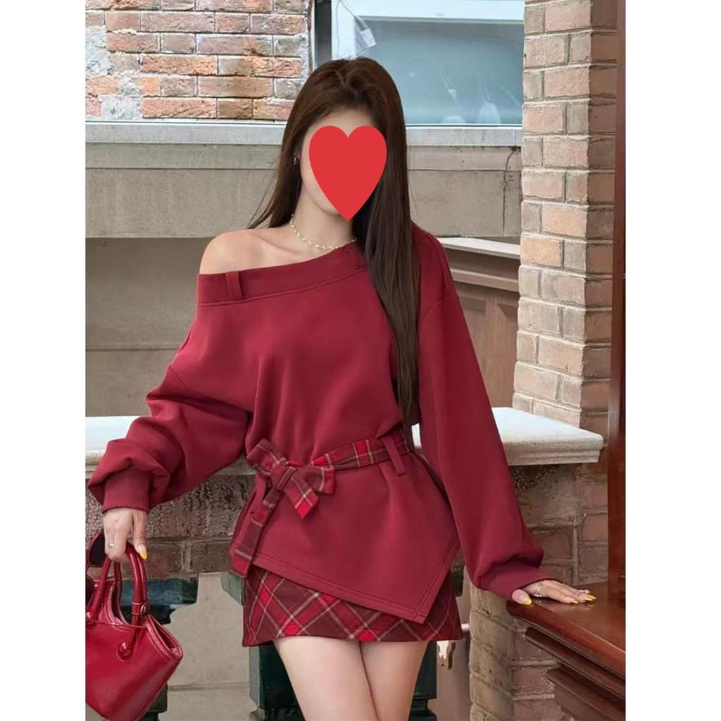 Korean-Style Off-Shoulder Top & Plaid Mini Skirt Set - Playful, Irregular Design for Women