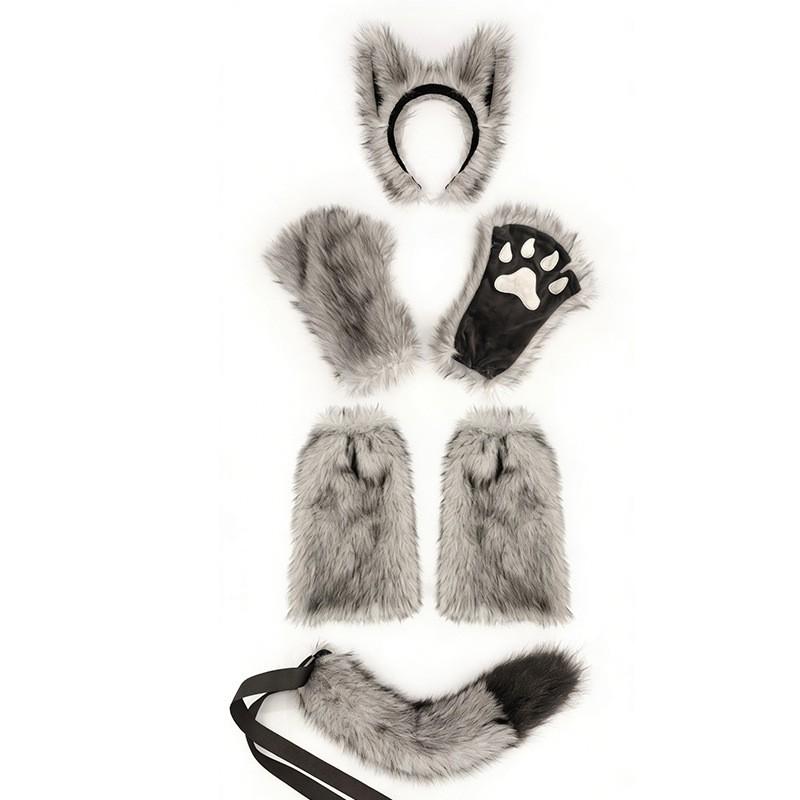 Halloween Werwolf Cosplay Set: Plüsch Wolfsohren Stirnband Schwanz Handschuhe Beinstulpen - 6-teiliges Kostümzubehör-Set