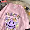 Street Cotton Womans T-Shirts Be Happy Face Cartoons Printing Short Sleeve O-Neck Breathable Loose Tops Trend Female Clothes