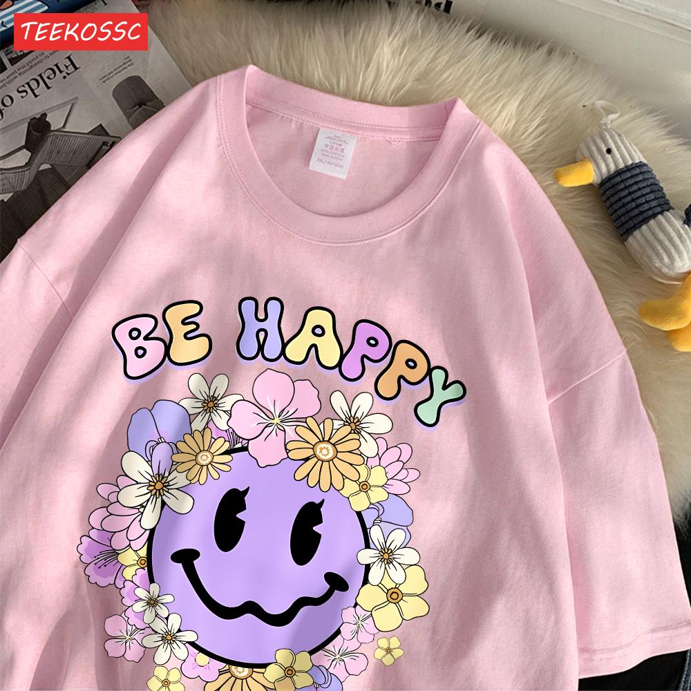 Street Cotton Womans T-Shirts Be Happy Face Cartoons Printing Short Sleeve O-Neck Breathable Loose Tops Trend Female Clothes